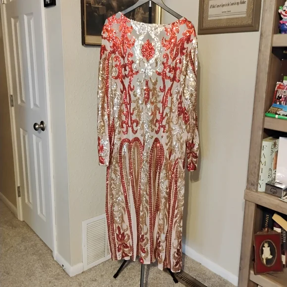 Southern Fried Chics Women's Size XXXL Red & Gold Sequin Duster Kimono - Picture 1 of 8